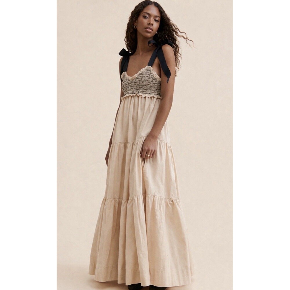 Free People Smocked Bodice Tiered Midi Dress in Beige with Black Ties